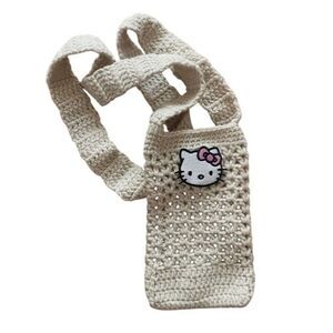 Hello Kitty Beige Crochet Crossbody Bag With Long Strap